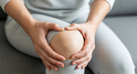 Young woman suffering from knee pain while sitting on the sofa at homeの素材
