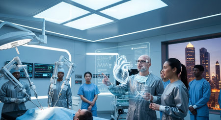 Team of doctors and surgeon in operating room with x-ray imageの素材