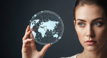 Young woman with world map on dark background. Technology and communication conceptの素材