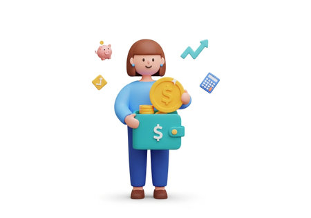 vector illustration of a woman with a wallet and a piggy bankの素材