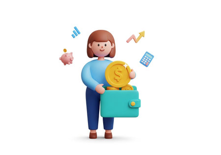 Businesswoman with a briefcase and a piggy bank. Vector illustration.の素材