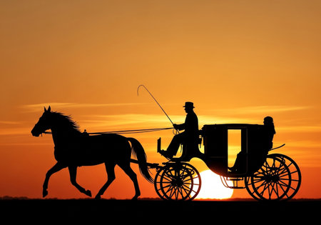 Silhouette of a man with a horse drawn carriage on sunset backgroundの素材