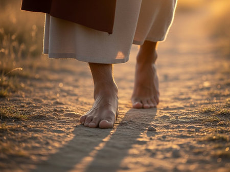 Close-up of a woman's feet walking on the beach at sunsetの素材