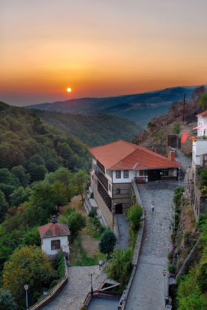 old church and monastery on the colorful sunset, st  Joakim Osogovski, Macedonia, portraitの写真素材