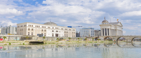beautiful old stone bridge and archaeological museum of Macedonia, Vardar river wather reflectionのeditorial素材