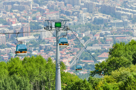 Aerial view of cable car on Vodno mountain and background of capital Skopje, Macedonianの写真素材