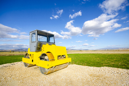 Heavy tandem Vibration roller compactor at asphalt pavement works for road repairing