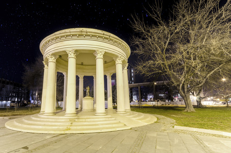 Skopje marble romantic monument on dark star night, Macedoniaの写真素材