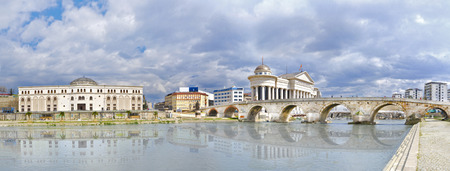beautiful old stone bridge and archaeological museum of Macedonia, Vardar river wather reflectionのeditorial素材