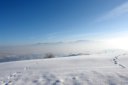 Mountain horizon, Foot steps on the snow horizonの写真素材