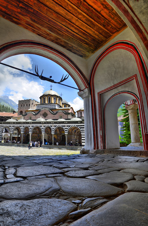 RILA, BULGARIA - circa JUN  Unidentified tourists visit the Unesco Wordl Heritage site and landmark of Rila monastery aka monastery of Saint Ivan of Rila, on circa June, 2014 in Rila, Bulgariaのeditorial素材