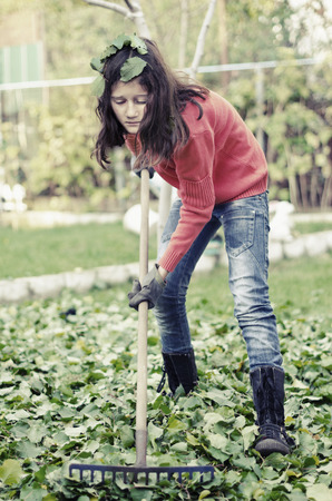 Young girl with a rake tool cleaning garden green leafsの写真素材