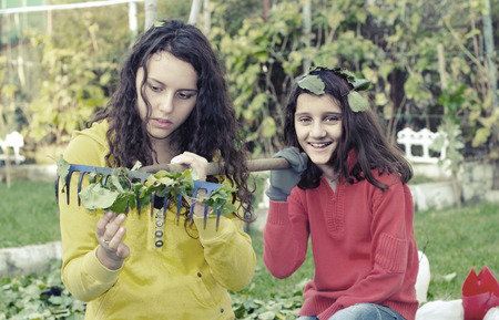 two beautiful happy girls cleaning home garden leafsの写真素材