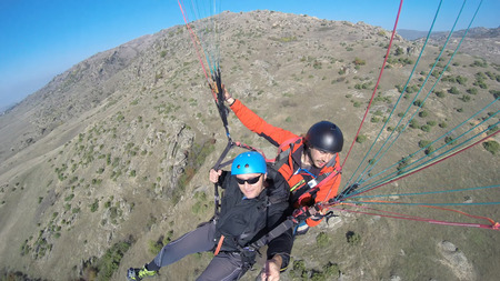Top view tandem tourist paraglidingの写真素材