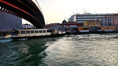 View from Grand Canal on the Constitution bridge in Venice. The Grand Canal is the largest canal in Venice, Italyの写真素材