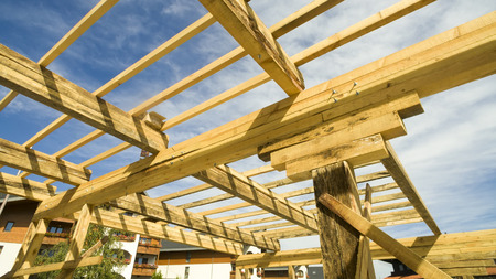 Wood framing on a new house under constructionの写真素材