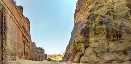 Panorama of Al Khazneh or the Treasury at ancient Petra, originally known to Nabataeans as Raqmu - historical and archaeological city in Hashemite Kingdom of Jordanのeditorial素材