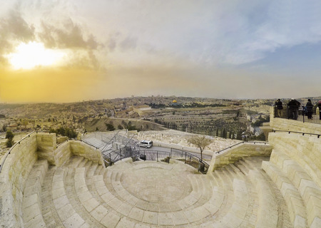 Skyline view from the Mount of Olives overlooking the cemetery towards the Dome of the Rock at sunsetの写真素材