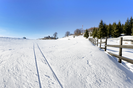 A Pastoral Scene Of Snow Covered Fences, Trees And Walking Paths trailsの写真素材