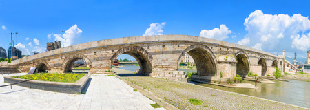 Panoramic view of of a famous Stone bridge in Skopje, Macedoniaの写真素材