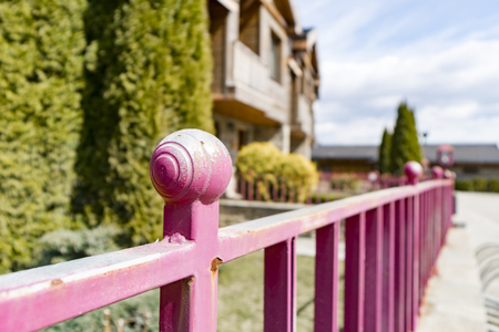 Metal fence ball detail in urban neighbourhood streetの写真素材