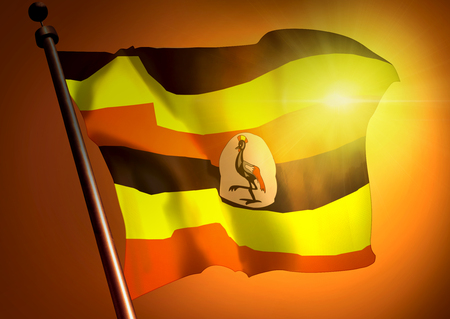 winner waving Uganda flag against the sunsetの写真素材