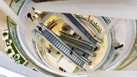 Escalator in modern shopping mall, airport, top viewのeditorial素材