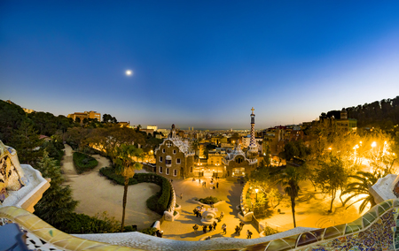 Barcelona, Spain, Twilight panoramic view of Park Guell by architect Antoni Gaudiのeditorial素材