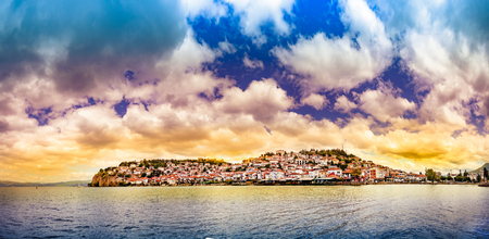 Amazing beautiful panorama of Ohrid city and lake Ohrid during sunrise cloudy skyの写真素材