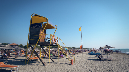 Durres, Albania - circa Aug, 2017: Life guard tower on luxury beach resort in Durres, Albaniaのeditorial素材