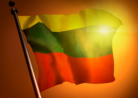 Winner waving Lithuania flag against the sunsetの写真素材