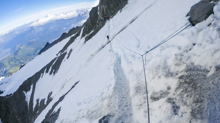 Climbing Mont Blanc, Dangerous Couloir passageの写真素材