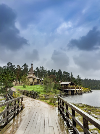 Little wooden orthodox church in Valaam island, Karelia, Russiaの写真素材
