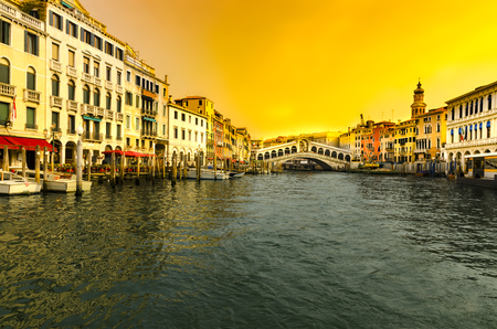 Panorama of Grand Canal and Rialto bridge at sunset, Venice, Italyの写真素材