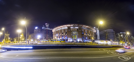Panoramic view of the Arenas de Barcelona at Placa d' Espana. The building was a bullring and was reopened in 2011 as a shopping mallのeditorial素材