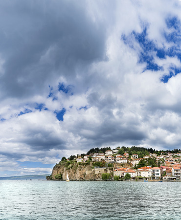 Panorama of Ohrid city and lake Ohrid of a cloudy spring day, verticalの写真素材