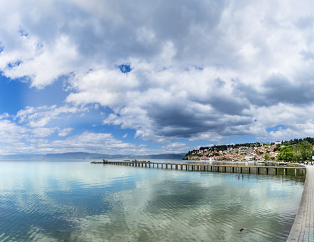 Panoramic view of Ohrid lake, port and old town, copyspaceの写真素材
