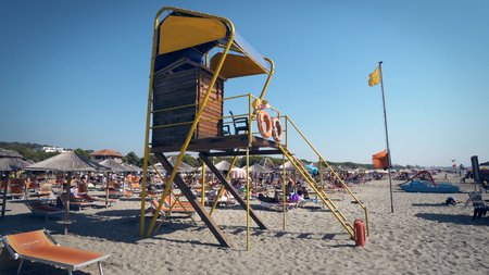 Durres, Albania - circa Aug, 2017: Life guard tower on luxury beach resort in Durres, Albaniaのeditorial素材
