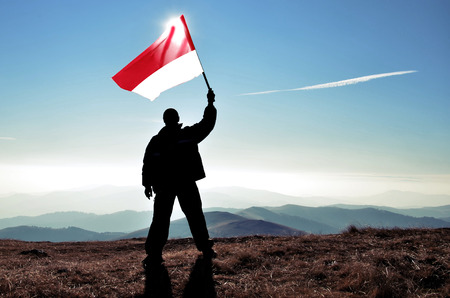 Successful silhouette man winner waving Monaco flag on top of the mountain peakの写真素材