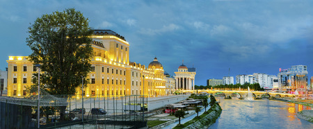SKOPJE, MACEDONIA - NOVEMBER 26 2016: Twilight panorama of National theater in Skopje, Macedoniaのeditorial素材
