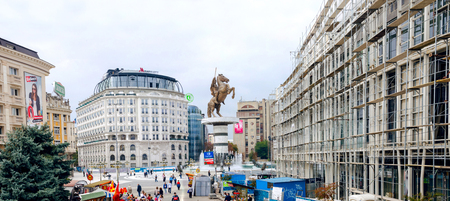SKOPJE, MACEDONIA - NOVEMBER 26 2016: Panorama of Skopje, Square of Macedonia, statue Alexander the Great, Balkanのeditorial素材