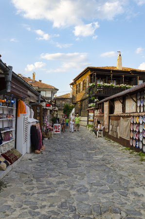 NESEBAR, BULGARIA - circa JUL, 2016: Narrow street and ancient architecture in the old town of Nessebar, Bulgaria. Nesebar is an ancient town on the Bulgarian Black Sea Coast. Vertical shotのeditorial素材