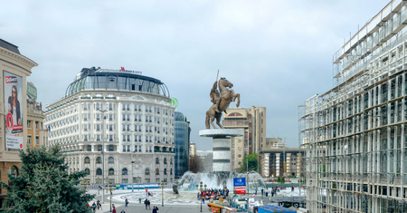 SKOPJE, MACEDONIA - circa NOE, 2016: Square Macedonia in Skopje with central statue of Alexandar the Great (worior on horse)のeditorial素材