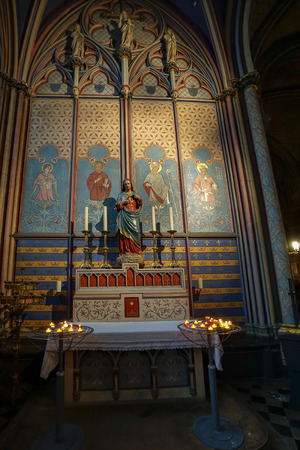 Paris, France- circa May, 2017: Detail of interior of Notre Dame de Paris on May, 2017 in Paris. The cathedral of Notre Dame is one of the top tourist destinations in Parisのeditorial素材