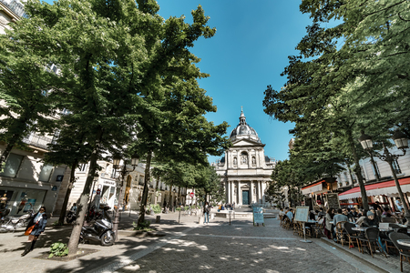 Paris, France- circa May, 2017: Sorbonne square and Sorbonne edifice. Name is derived from College de Sorbonne (1257) by Robert de Sorbon as one of first colleges of medieval University in Parisのeditorial素材