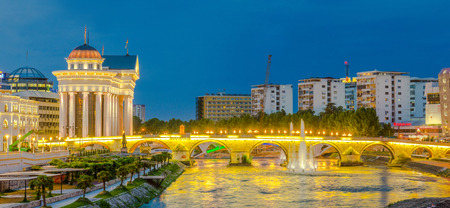Night panorama of Skopje with Archeological museum, Stone Bridge and statue monumentのeditorial素材