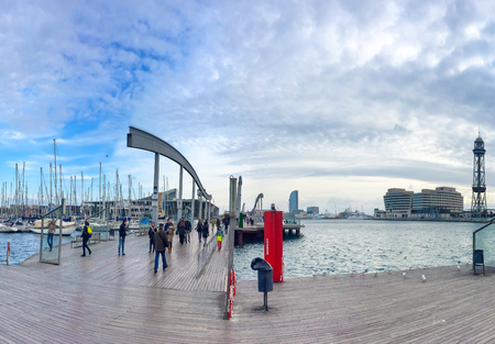 Barcelona, Spain - 19 Jan, 2017: Barcelona port marina with bridge and teleferico towerのeditorial素材