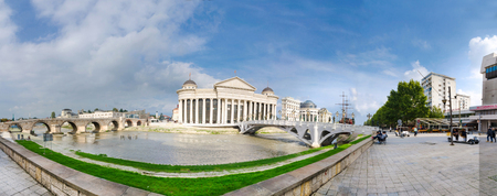 Panoramic view of Archaeological Museum of Macedonia, Bridge of the Civilizations and Stone Bridge in downtown of Skopjeのeditorial素材
