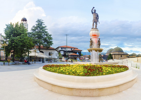 Panorama of Skopje square of Filip II father of Alexander the Great at sunrise, Macedoniaのeditorial素材