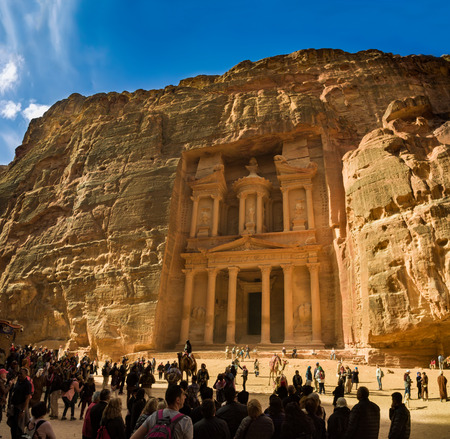 Petra, Jordan - circa Jan, 2018: View of the facade of the Treasury building in the ancient Nabatean ruins of Petra, Jordan.のeditorial素材